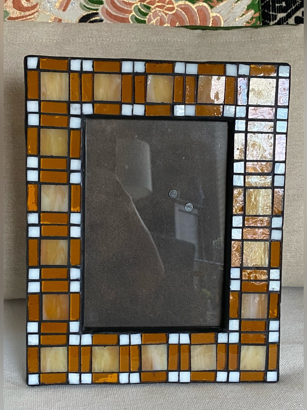 Vtg 2008 Pacific Coast Lighting Mosaic Stained Glass Picture Frame Amber Cream